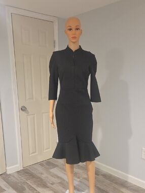 VfEmage Black Long-Sleeve Fitted Midi Dress with Flounced Hem